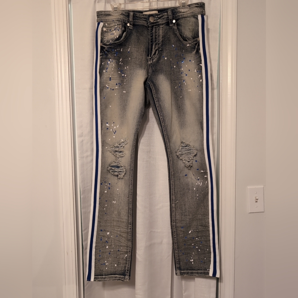 Blind Trust Men's‎ Straight Leg Distressed Jeans Blue & White Stripes Size 34/32